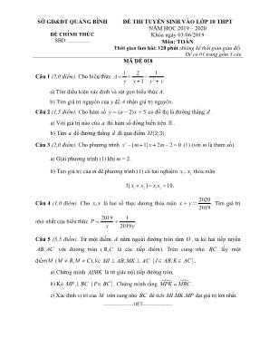 Đề thi tuyển sinh Lớp 10 THPT môn Toán - Mã đề 018+020 - Năm học 2019-2020 - Sở GD và ĐT Quảng Bình